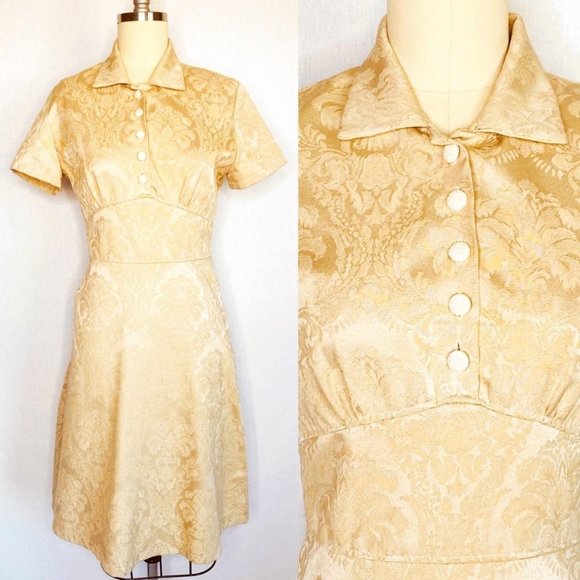 Vintage Dresses & Skirts - VTG 70s Ivory Brown Damask Collared Shirt Dress